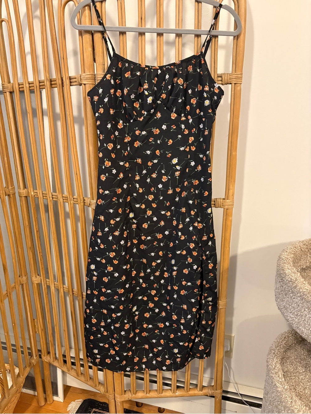 Black Floral Slip Dress with Orange & White Blossoms